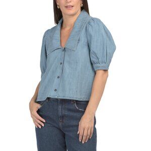 AVEC LES FILLES Light Wash Denim Puff Sleeve Shirt